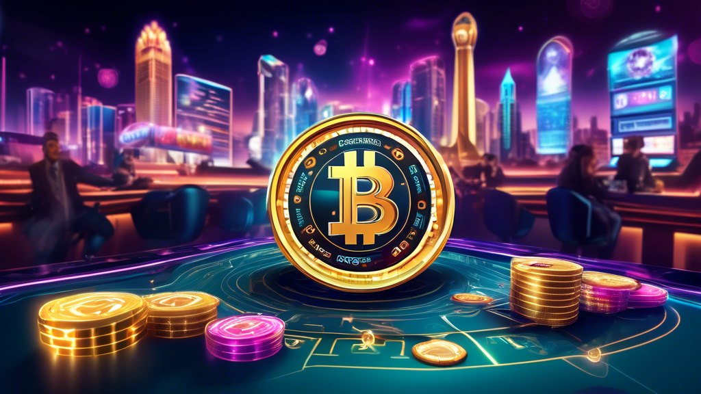 Create an image that showcases the future of new online crypto casinos in the gambling industry. The scene should depict a sleek, modern virtual casino interface with holographic elements and players engaging via futuristic devices. Incorporate visual elements of cryptocurrency, such as Bitcoin and Ethereum symbols, and include a backdrop of a digital cityscape to emphasize the high-tech environment. Highlight the theme of innovation and technology, with subtle hints at potential regulatory obstacles, such as digital locks or caution signs, representing the evolving legal landscape.