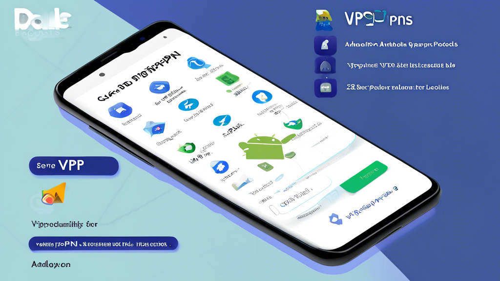 Prompt for DALL-E: Create an illustration showcasing the best VPNs for Android in 2023, featuring a list of top services like NordVPN, ExpressVPN, CyberGhost, and Surfshark. The image should include Android smartphones with VPN app interfaces visible, displaying features like server locations and security protocols. Use a comparison table in the background to highlight compatibility, features, pricing, and user ratings. The overall look should be tech-savvy and modern, emphasizing the benefits of using a VPN on Android devices.