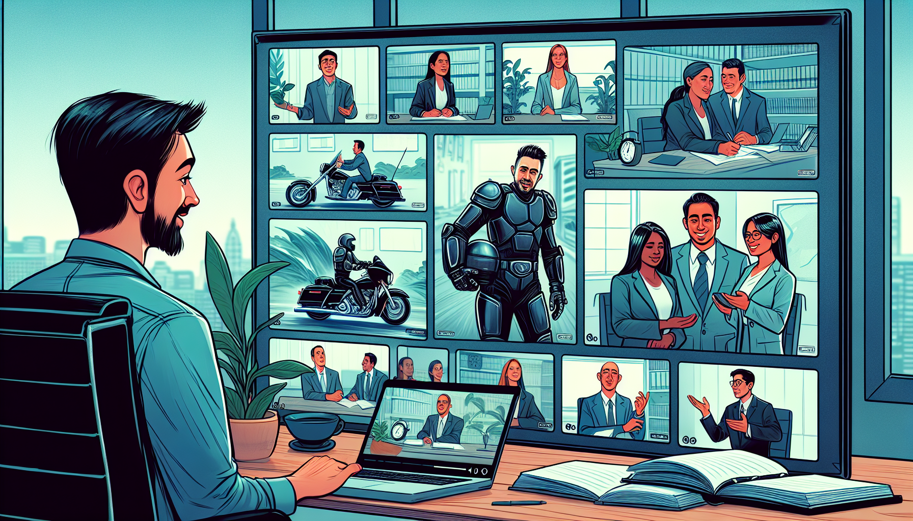 An animated video storyboard depicting a client meeting various Lancaster motorcycle accident lawyers through Vimeo. The scene transitions from a client searching on a laptop to watching videos showing each lawyer explaining their approach and success stories, with emphasis on their demeanor, transparency, and client-lawyer chemistry. Include subtitles and a soft, professional background setting to reinforce a sense of expertise and trustworthiness.