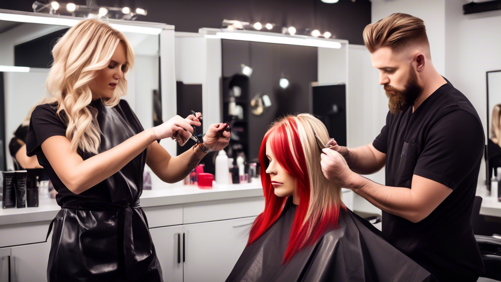 Create an image of a high-end salon where a hairstylist is demonstrating techniques for applying blonde and red foils to a client