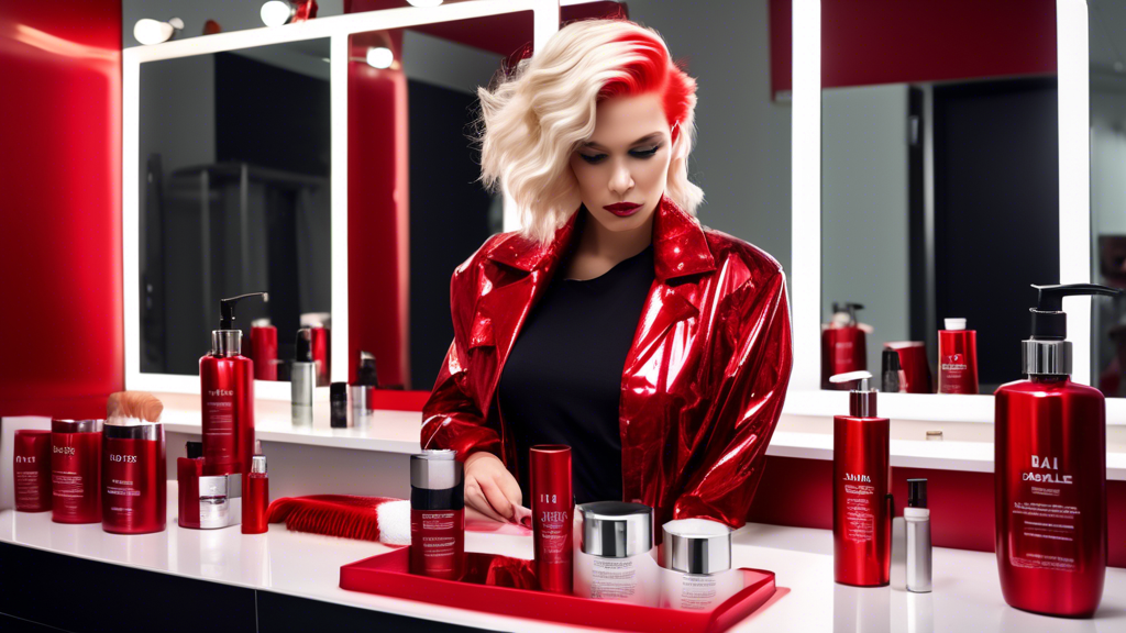 Prompt for DALL-E: 

Create an image of a person with striking blonde and red foils in their hair, styled in a modern, edgy manner. The setting is a chic vanity area with various high-quality hair care products specifically designed for colored hair laid out on the counter. The person is applying a nourishing hair mask to maintain the vibrancy and health of their blonde and red foils. Ensure the background elements highlight a stylish, contemporary aesthetic.