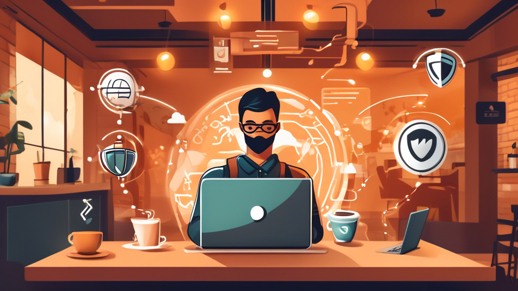 Create an image depicting a person confidently using a laptop at a coffee shop, surrounded by visual elements illustrating security and unblocking restrictions. There are digital shields and opened padlocks floating around the individual, symbolizing protection and access. Include icons like a globe and Wi-Fi signal to emphasize the global and wireless aspect of VPN services. The ambiance of the coffee shop should be cozy, with warm lighting and a relaxed atmosphere to signal ease of use and comfort.