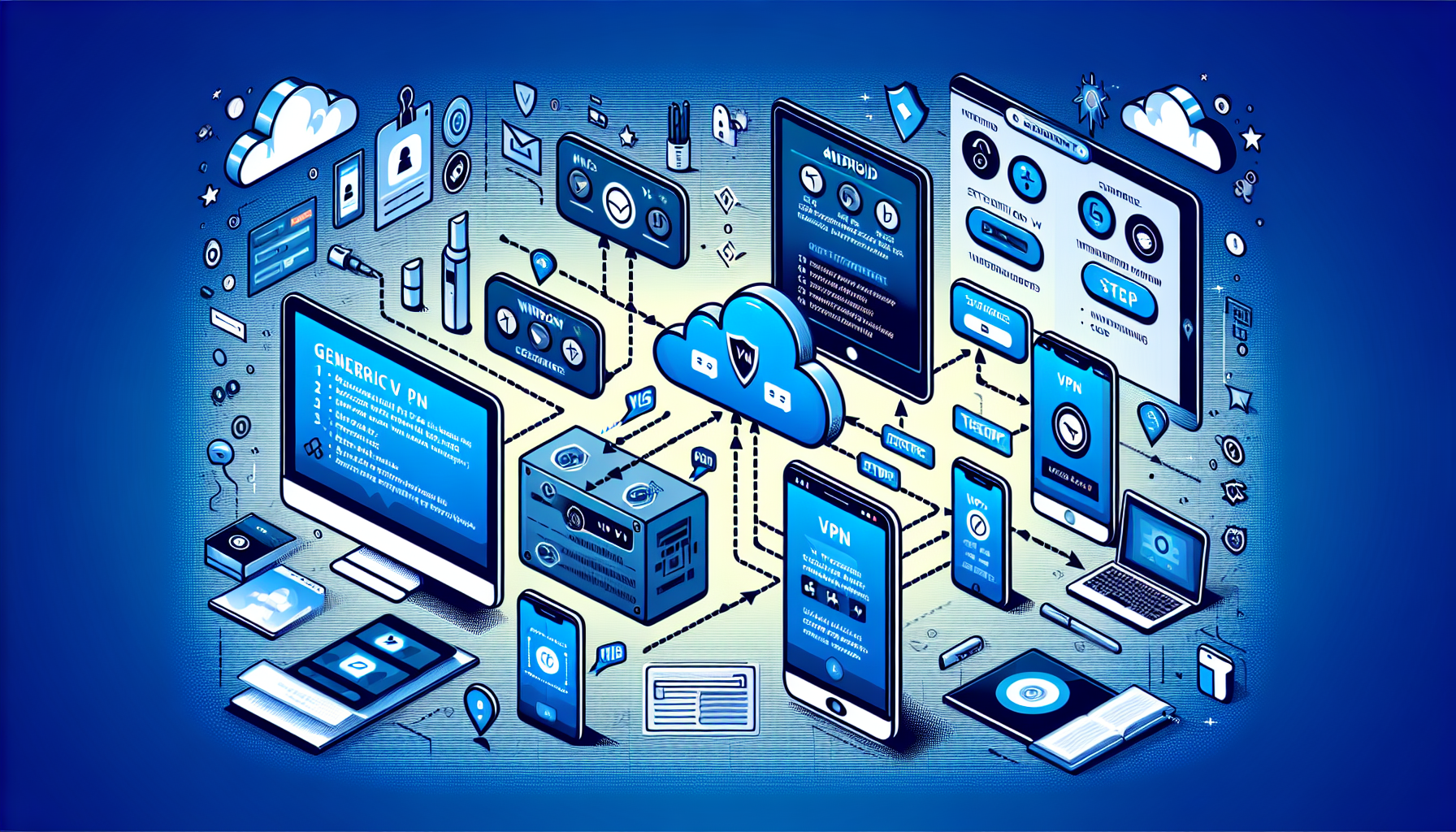 Create an image that depicts a step-by-step guide for setting up GhostVPN on various devices, including Windows, Mac, Android, and iOS. The background should feature a modern, sleek interface with visual elements like device icons and setting menus. The image should be labeled clearly to show the different stages of the installation process, with arrows guiding from start to finish. Include a section highlighting common troubleshooting tips. The overall aesthetic should be user-friendly and informative, featuring the GhostVPN logo to reinforce the brand identity.