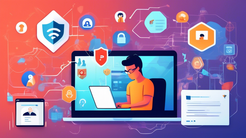 Create an image that illustrates comprehensive online privacy tips, displaying a user engaging in safe browsing practices. The scene shows a person updating their software, using a laptop with a VPN enabled, and configuring secure browser settings. Next to them, icons representing secure social network usage and caution signs for public Wi-Fi are visible. The background features symbols of shields and locks, emphasizing security and privacy.