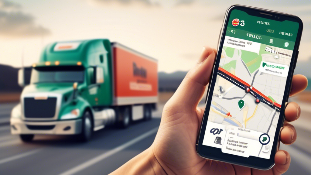 Create an image that shows a truck driver using a mobile application on a smartphone to search for nearby truck stops offering DOT physical services. The background includes a map with pins marking truck stop locations, and a semi-truck parked at one of the truck stops. The scene should have a friendly, helpful atmosphere showing the driver focused on the app, which highlights the keyword: truck stops with DOT physicals near me.