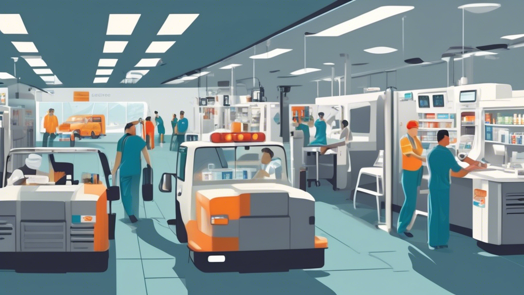 Create an image of a bustling truck stop with modern facilities where a truck driver is receiving a DOT physical exam. The driver is seated in a well-equipped medical room while a healthcare professional conducts the exam. Surrounding the truck stop, there are various amenities visible such as a maintenance garage, fueling stations, and a convenience store. Trucks of different sizes are parked nearby. The overall setting should be friendly and professional, highlighting the convenience and comprehensive services available at the truck stop.