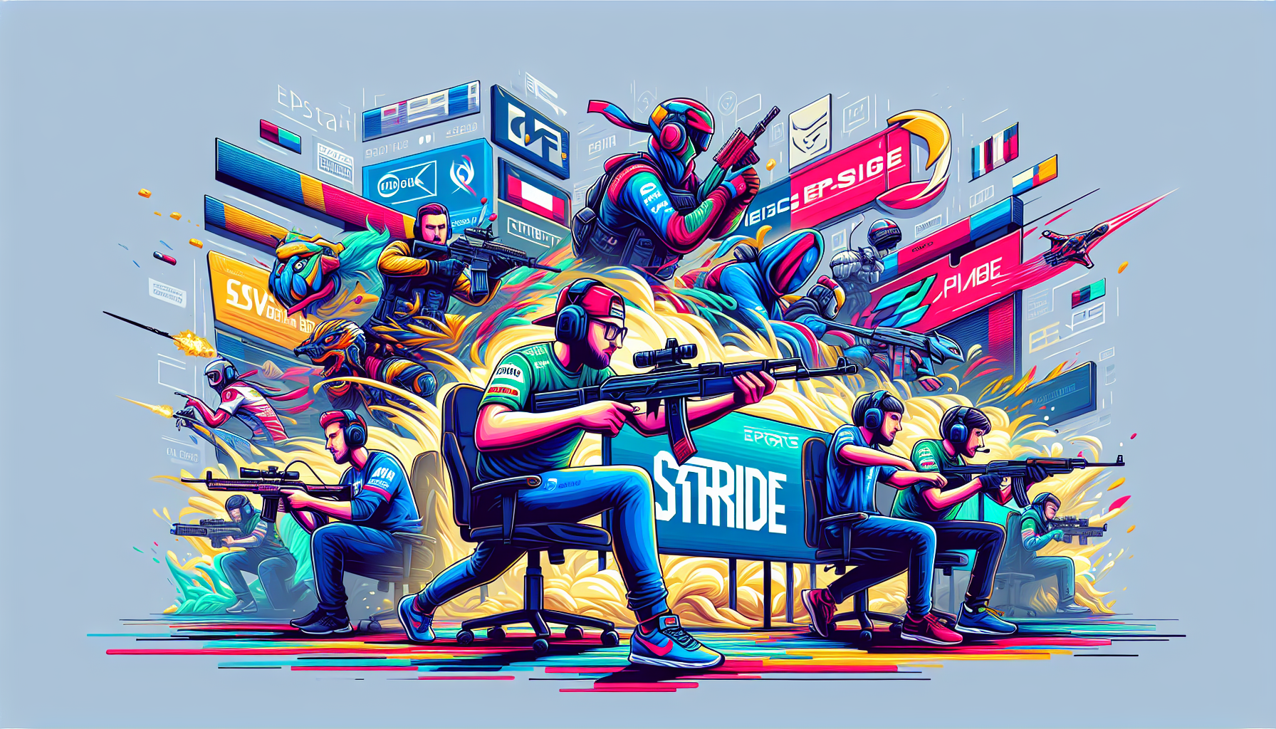 Create an image of a dynamic esports scene featuring key players from Stride Esports, showcasing intense moments from notable tournaments and matches. In the background, include strategic partnerships and logos of major sponsors that illustrate pivotal moments in the evolution of Stride Esports. Style the image with vibrant colors and action-packed elements to capture the excitement and energy of competitive gaming.