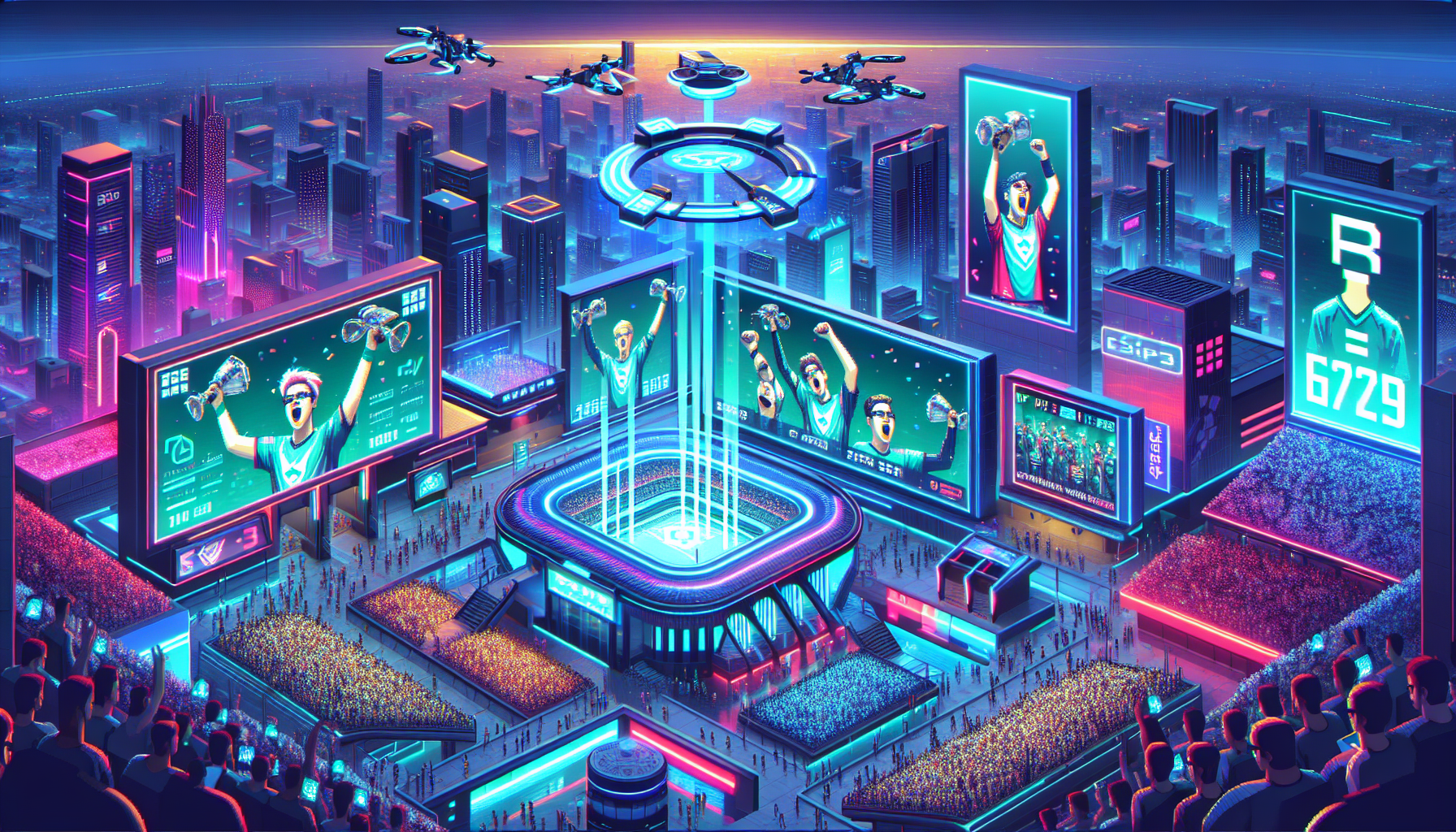 Create a futuristic cityscape where esports is the central cultural phenomenon. Digital billboards and holograms showcase Stride Esports’ current star players and recent victories. Large crowds gather at sleek, modern arenas with neon lights, and drones capture the dynamic energy of ongoing tournaments. Include a glimpse of a high-tech control room where analysts are strategizing for future competitions, hinting at Stride Esports