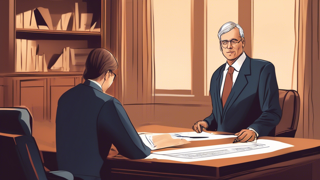 Create an illustration that depicts a professional slip and fall attorney in a formal setting, sitting with a client during an initial consultation. The scene should include details like legal documents being reviewed, evidence such as photographs or medical records on the table, and a reassuring expression on the attorney