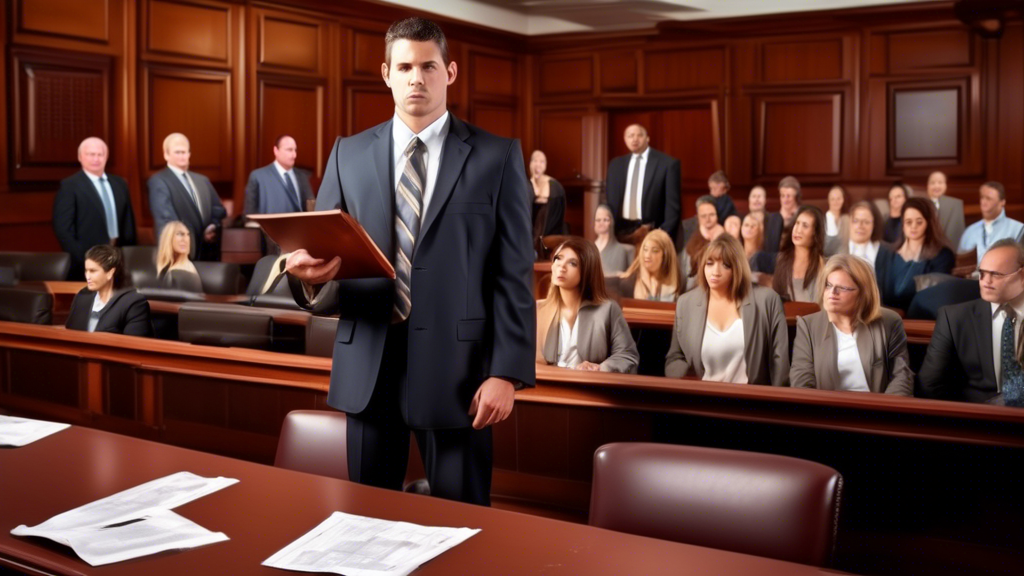 Create an image depicting a skilled slip and fall attorney confidently presenting a case in court, surrounded by visual elements representing various types of damages and compensation claims such as medical bills, lost wages, and pain and suffering. The courtroom should have a judge and jury visibly focused on the attorney, emphasizing the importance of professional legal representation in achieving successful compensation outcomes.