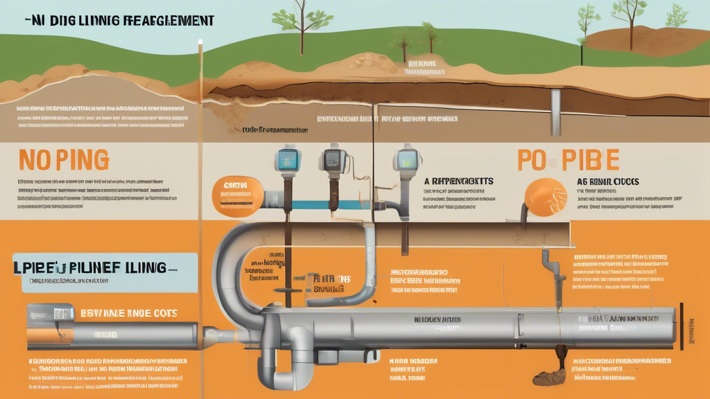 Create an image prompting how factors like technology type (pipe bursting, pipe lining), sewer line length and diameter, soil conditions, and labor/material costs influence the costs in no-dig sewer line replacement.

Prompt: A detailed infographic illustrating the various factors influencing no-dig sewer line replacement costs. The image should include visual representations of different technology types (pipe bursting, pipe lining), varying lengths and diameters of sewer lines, different soil conditions, and symbols for labor and material expenses. Each factor should be accompanied by an icon or small image that visually represents it, along with text labels for clarity. The overall style should be clean and informative, using colors that help distinguish between different elements.
