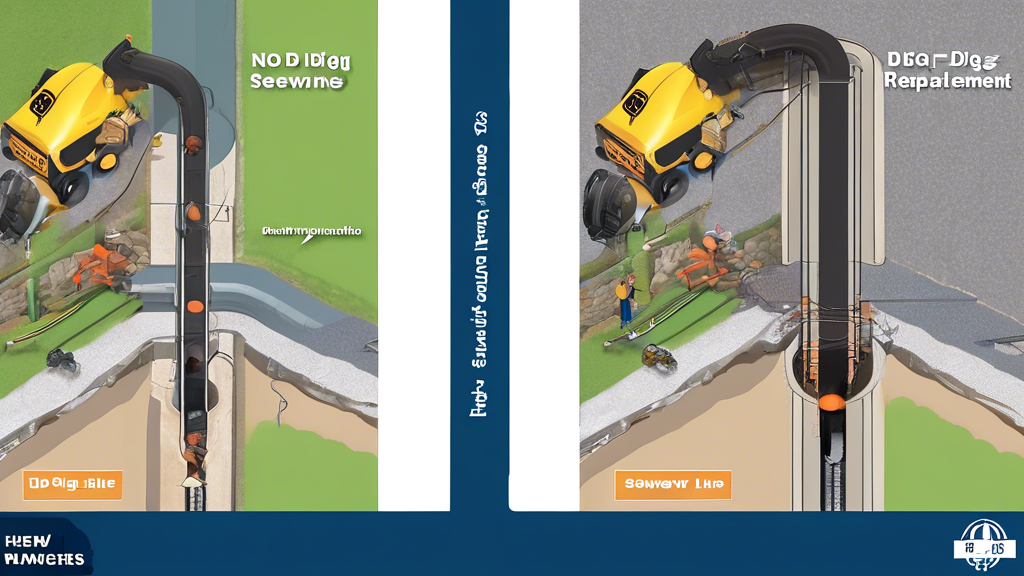 Create an image depicting a side-by-side comparison of no-dig and traditional sewer line replacement methods. On one side, show a crew using advanced no-dig technology with minimal surface disruption and lower overall costs, and on the other side, depict a traditional sewer line replacement with extensive digging, heavy machinery, and higher costs. Include labels and infographics illustrating the long-term financial benefits and cost savings of the no-dig method. Use a split-screen format to emphasize the contrast between the two approaches.

Keyword: no dig sewer line replacement cost.