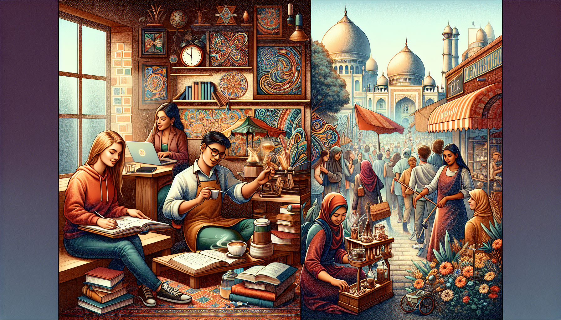 An imaginative digital artwork depicting university students engaged in various clever part-time jobs: one student tutors math in a cozy library corner, another crafts artisanal coffee in a bustling cafe with unique decor, and a third operates a quirky vintage clothing stall at a lively outdoor market.