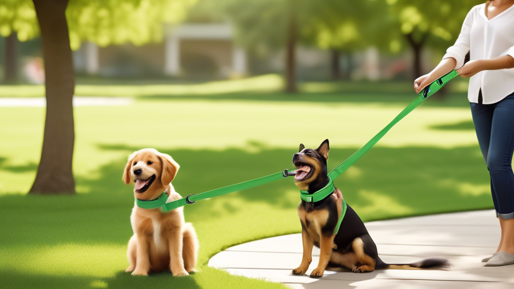 Create an image of a smiling pet owner setting up a retractable dog tie out in a lush, green park. The retractable tie out should clearly show adjustable length options and a tangle-free design. In the background, show a happy dog freely exploring within a safe range, emphasizing the ease and convenience of installation and portability. Include subtle elements that indicate durability, such as the tie out withstanding various weather conditions.