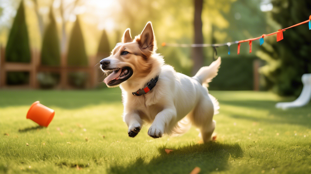 A happy, energetic dog exploring a spacious backyard while securely connected to a retractable dog tie out. The dog roams freely within a safe boundary, sniffing around different areas and looking curiously at surroundings. The setting includes some trees, a garden, and various interactive toys, illustrating how the tie out promotes physical activity, mental stimulation, and stress-free outdoor play. The sky is clear and sunny, emphasizing an overall sense of well-being and enjoyment for the dog.