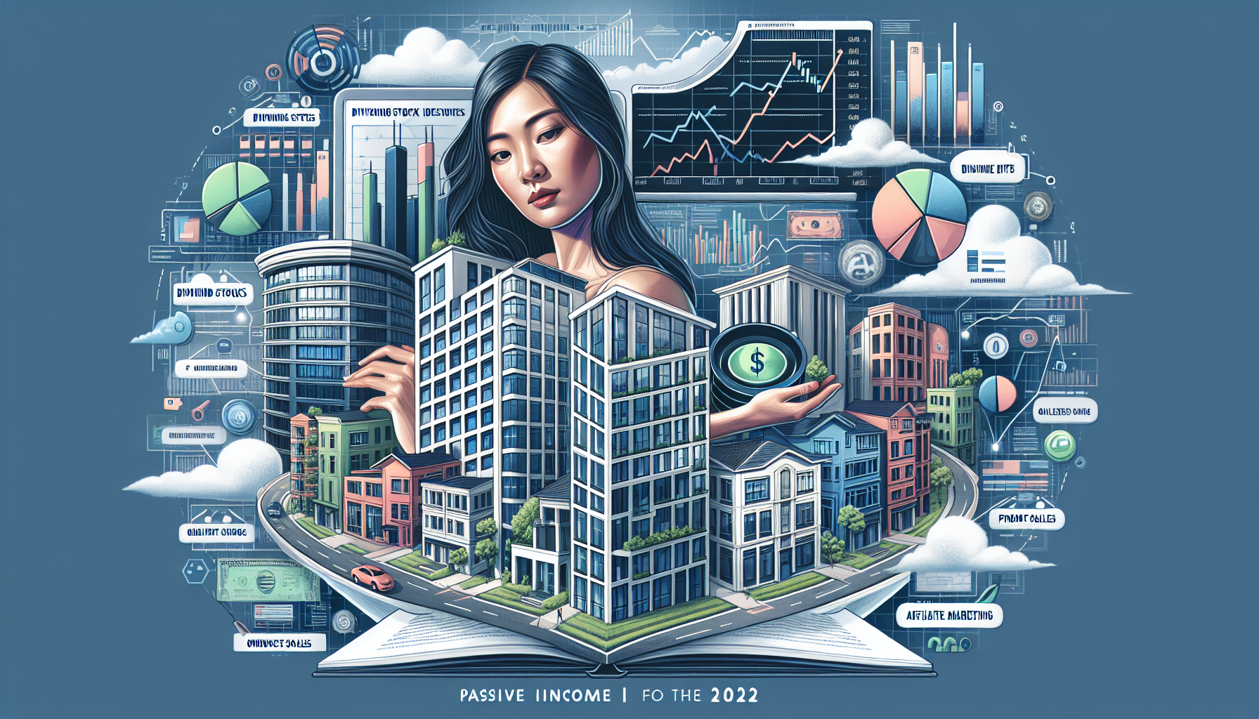 DALL-E prompt: Create an image depicting a blend of various passive income side hustles for 2022. Include elements like a modern apartment building to represent real estate investing, a stock market chart for dividend stocks and REITs, a laptop with digital products such as eBooks and online courses displayed on the screen, and a person promoting products online to symbolize affiliate marketing. The setting should be vibrant and dynamic, reflecting the opportunities and innovation in passive income streams for 2022.