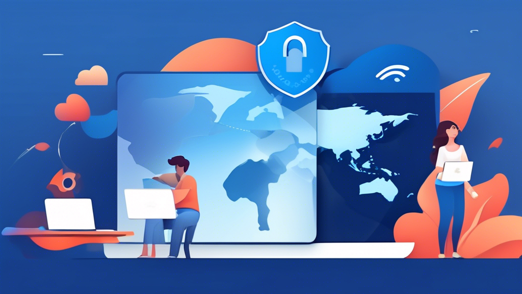 Create an image that highlights the key features of Hotspot Shield for bolstering online privacy. Illustrate advanced encryption technologies with abstract visuals of padlocks and secure data streams, emphasize the no-log policy with a visual of a shield protecting a user from a data trail, and showcase private access to restricted content with elements like a globe and hidden locks unlocking websites. Use a clean, modern style with a focus on technology and security themes.