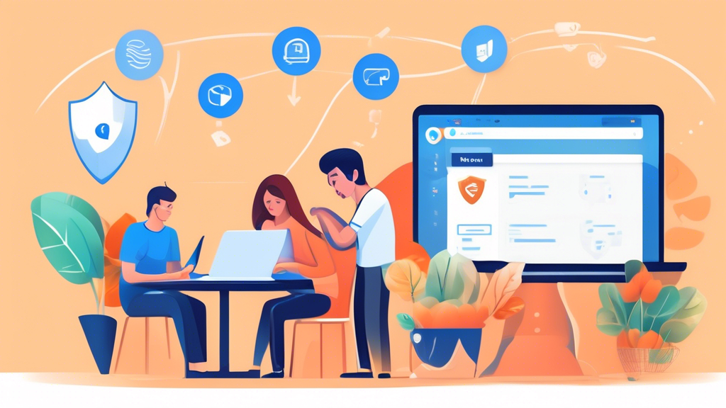 Create an image that illustrates the real-world benefits of using Hotspot Shield for various online activities. Show a person browsing the internet on a laptop, shopping online and entering payment details securely, and using public Wi-Fi at a cafe—each scenario highlighted in a separate section of the image. Add icons or visual elements that represent enhanced privacy and security, such as a shield or padlock, and ensure the Hotspot Shield logo is subtly incorporated into the design.