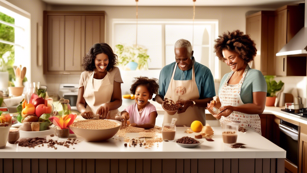 DALL-E image of a vibrant, modern kitchen scene where a family is preparing various healthy desserts using Lily