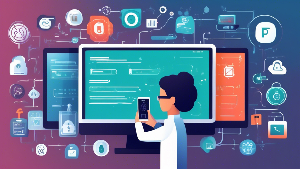 Create an image depicting a digital environment with strong security features. Show a person creating a complex password on a computer screen, surrounded by symbols of two-factor authentication (like a smartphone with a security app) and encryption (padlock icons and encrypted messages). Also include visual cues of software updates, such as a computer screen showing 