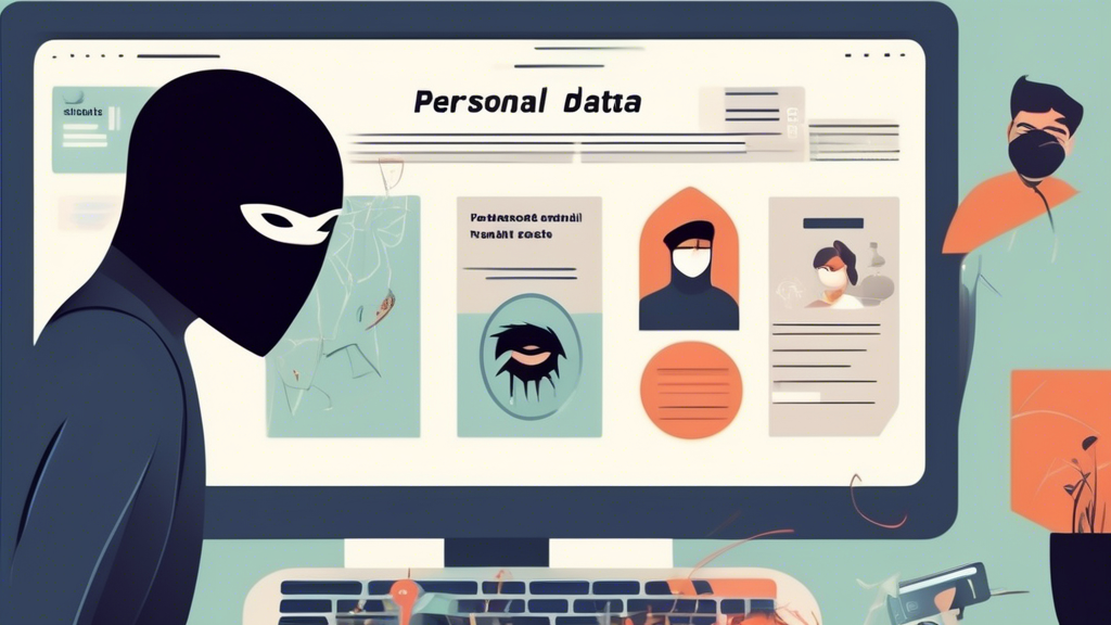 DALL-E Prompt: An image depicting various common online threats to personal data. The scene includes representations of phishing (such as a deceptive email), malware (like a virus on a computer screen), and identity theft (a masked thief trying to steal personal details). Additional elements include hints on how to identify and avoid these threats, such as a person scrutinizing an email for red flags, warning signs on suspicious websites, and a computer protected by antivirus software.