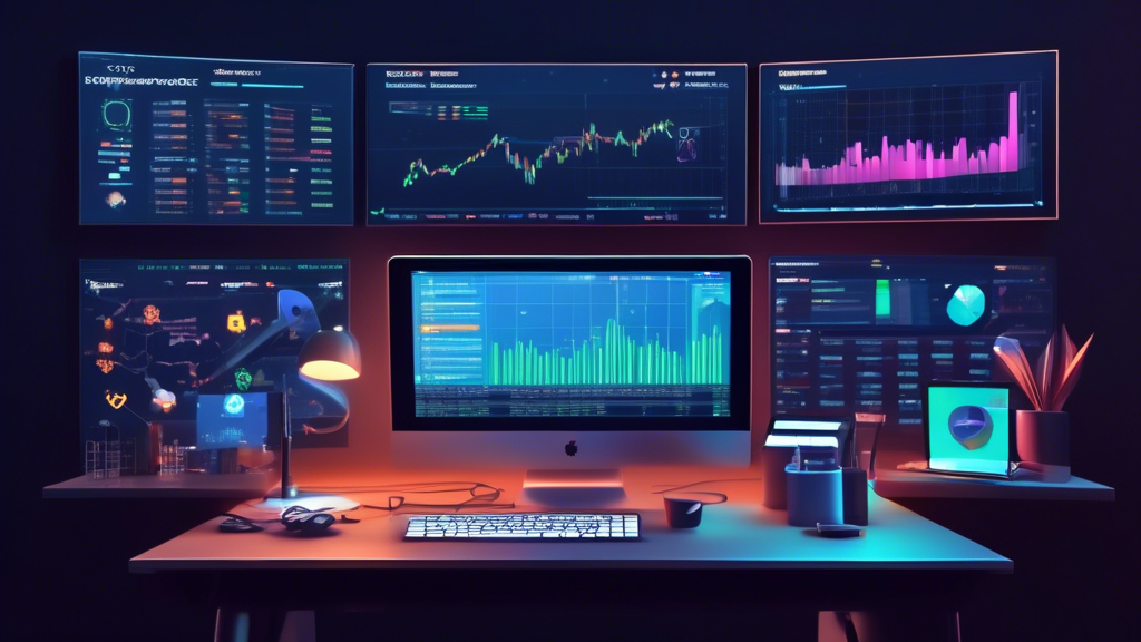 Create an image that depicts popular tools and platforms for automated cryptocurrency trading. The scene should feature a modern workspace with multiple computer screens displaying charts, algorithms, and platform dashboards for trading cryptocurrencies. Include popular platform logos like Binance, Coinbase Pro, and eToro, and show comparison charts highlighting their features. The workspace should have a clean, professional look, emphasizing the advanced technology and sophistication involved in automated trading.