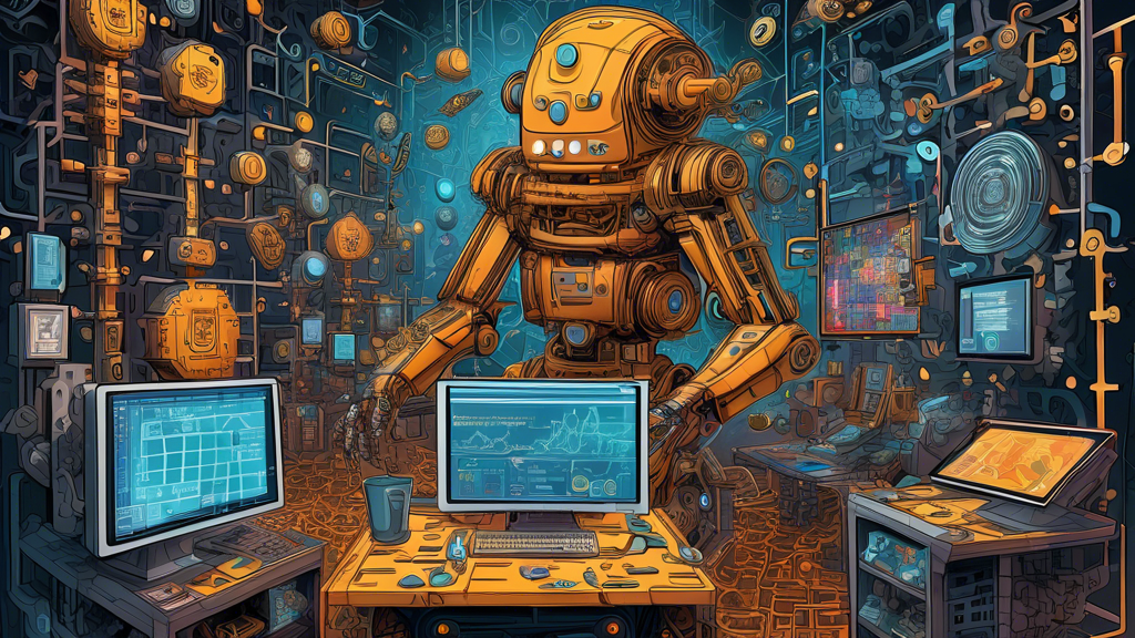 Prompt for DALL-E:

An intricate digital artwork depicting the complexity and challenges of automated crypto trading. The image features a robotic trader navigating through a maze of fluctuating cryptocurrency charts and algorithms on multiple screens. Surrounding the robot are symbols of major cryptocurrencies like Bitcoin and Ethereum, along with visual representations of risk and strategy, such as chess pieces and balancing scales. The scene is set in a futuristic trading room filled with holographic data projections and a dynamic, high-tech atmosphere.