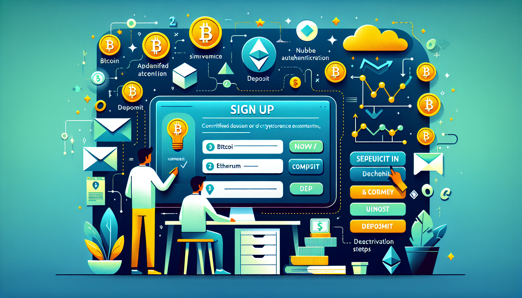Create an image that visually represents the concept of a beginner starting to trade cryptocurrency. The image should include:

1. A friendly, approachable digital platform interface showing a person on their computer or mobile device, registering on a cryptocurrency exchange.
2. Key elements such as a sign-up form, security features like two-factor authentication, and an overview of popular cryptocurrencies like Bitcoin and Ethereum.
3. Icons or visuals indicating the deposit of funds, with common currency symbols converting into various cryptocurrencies.
4. A step-by-step guide illustration with numbered steps to emphasize the process of setting up an account and making the first trade.

Ensure the design is intuitive, with bright colors to indicate ease of use, and include educational or guiding text bubbles that explain each step.