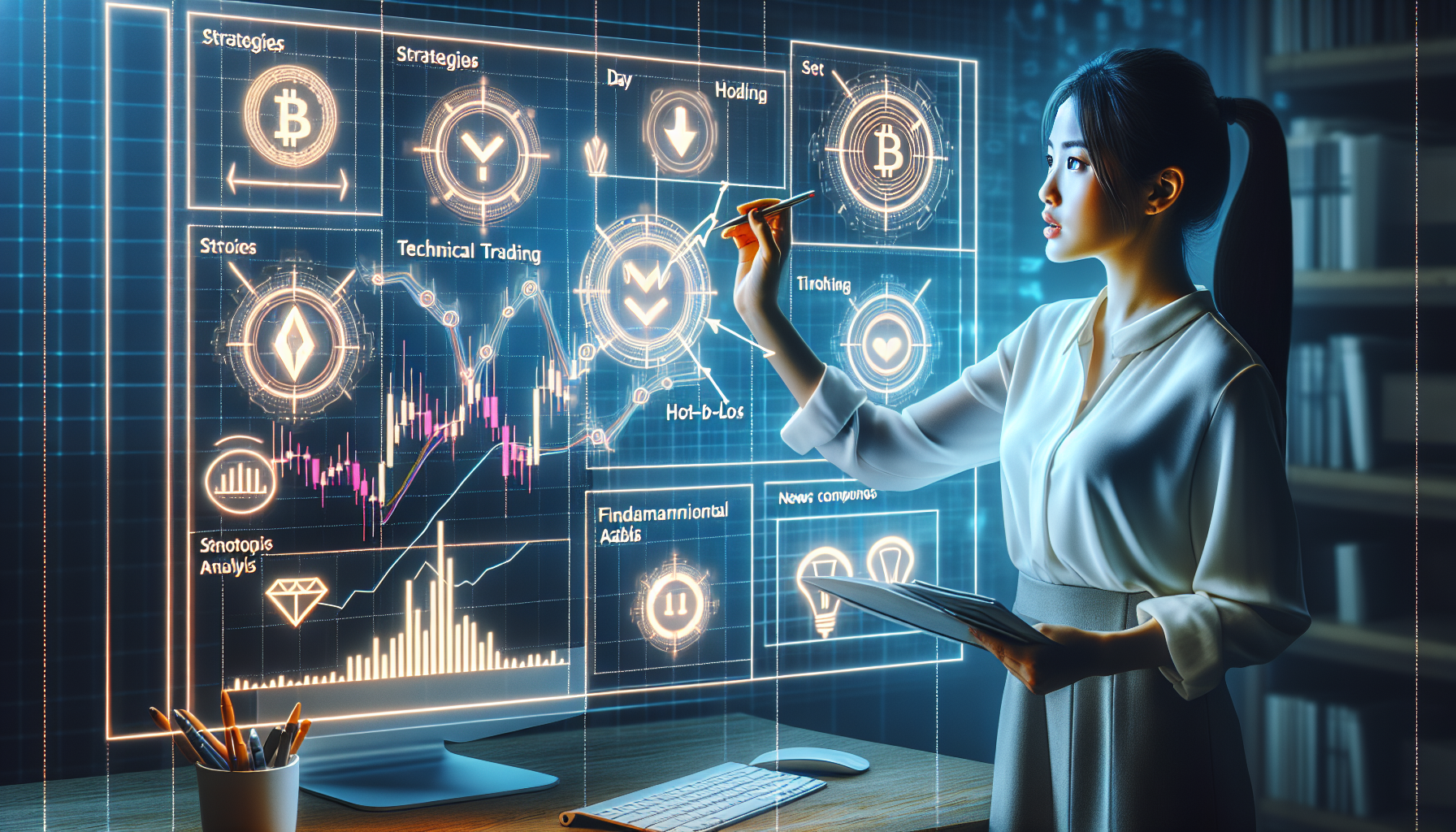Create an image illustrating key strategies and tips for successful crypto trading for beginners. Depict a young person analyzing crypto charts on a computer screen, with various graphs and candlestick charts visible. Show side panels highlighting different strategies such as Day Trading and HODLing, alongside tools for Technical and Fundamental Analysis like trend lines and news updates. Include on-screen tips about risk management with labels like Set Stop-Loss, and dynamic elements showing fluctuating coin prices to emphasize the need for emotional stability. The setting should be modern, with a clean, educational atmosphere.