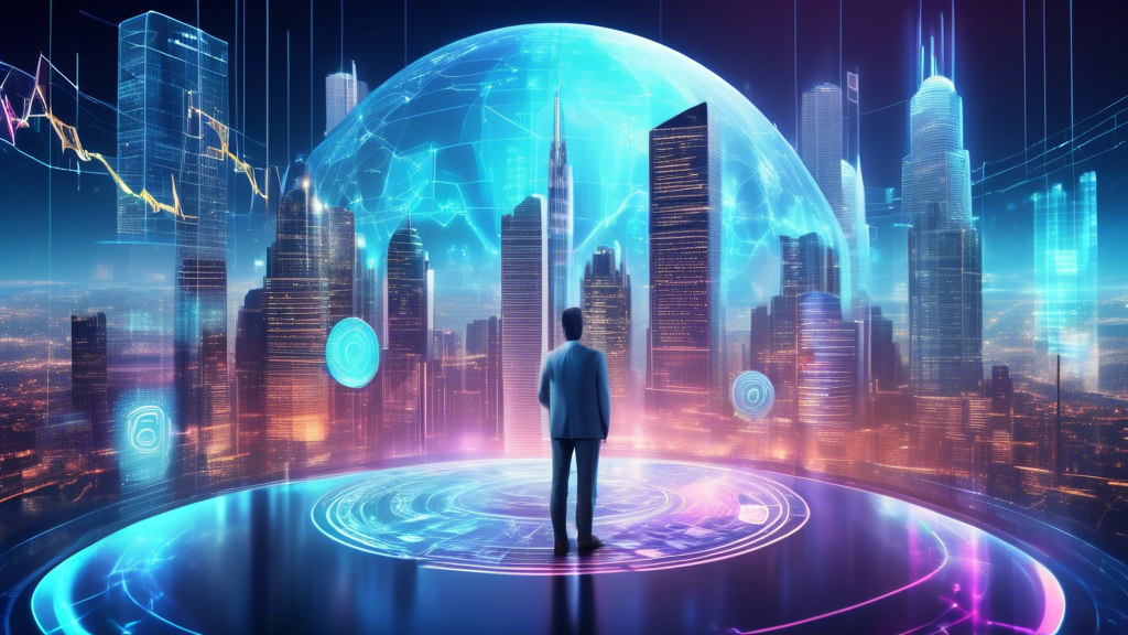 Create an image displaying futuristic cityscape dominated by digital screens and holograms illustrating various cryptocurrencies. The backdrop should display a sky filled with charts, graphs, and trending lines signifying emerging trends in digital currency. Center the image with a visionary leader or expert analyzing floating holographic predictions and graphs, representing strategic insights for the future role of crypto time finance. The scene is lively, modern, and bursting with technological advancement, highlighting the keywords: future of crypto time finance, digital currency trends, and cryptocurrency predictions.