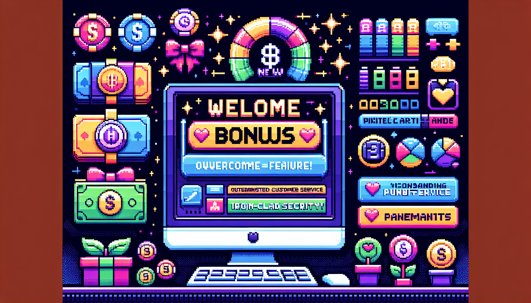 /Imagine an image demonstrating the key benefits of joining a new online casino. Include visuals of an attractive welcome bonus banner, a sleek and modern user interface on a computer screen, and icons representing high-quality customer support, security, and various payment options. Use vibrant colors and an inviting atmosphere to capture the excitement and advantages.