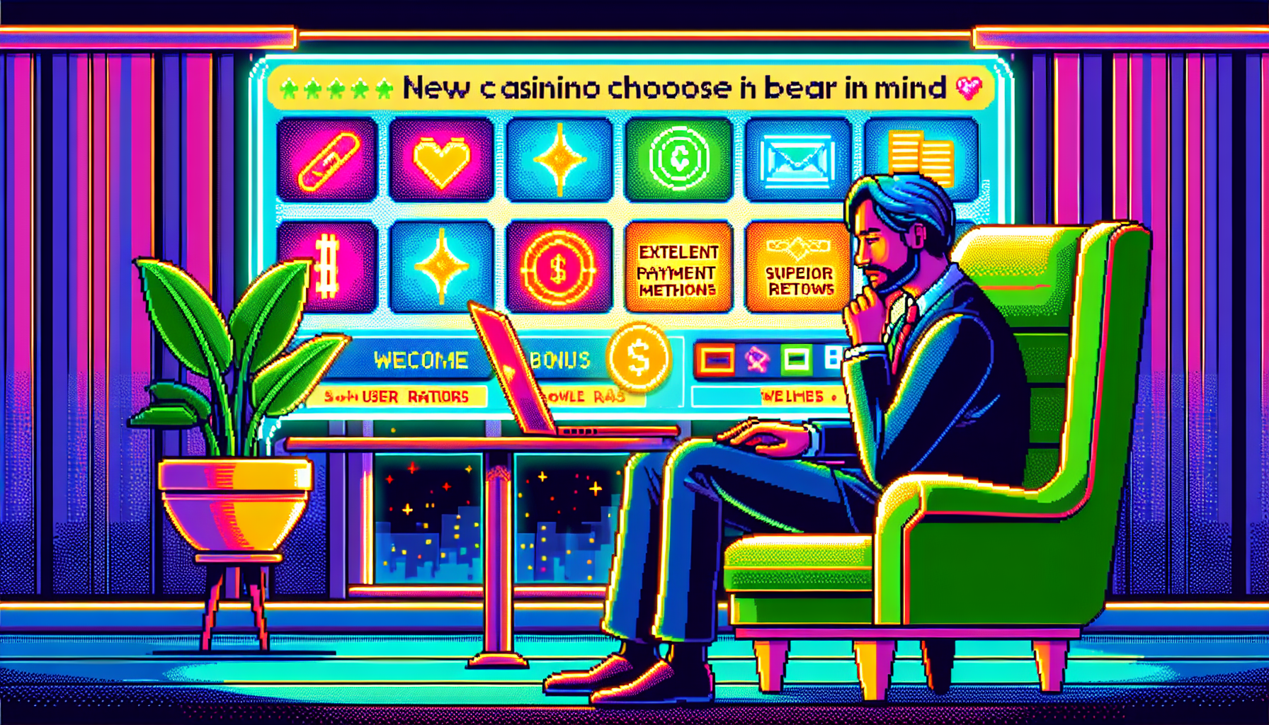 A detailed illustration of a player carefully selecting a new online casino on their laptop. The scene highlights key factors to consider, such as safety, reliability, and top-rated reviews. On the screen, icons for secure payment options, high customer ratings, and welcome bonuses are visible. The background features a cozy, modern home setting, emphasizing comfort and convenience.