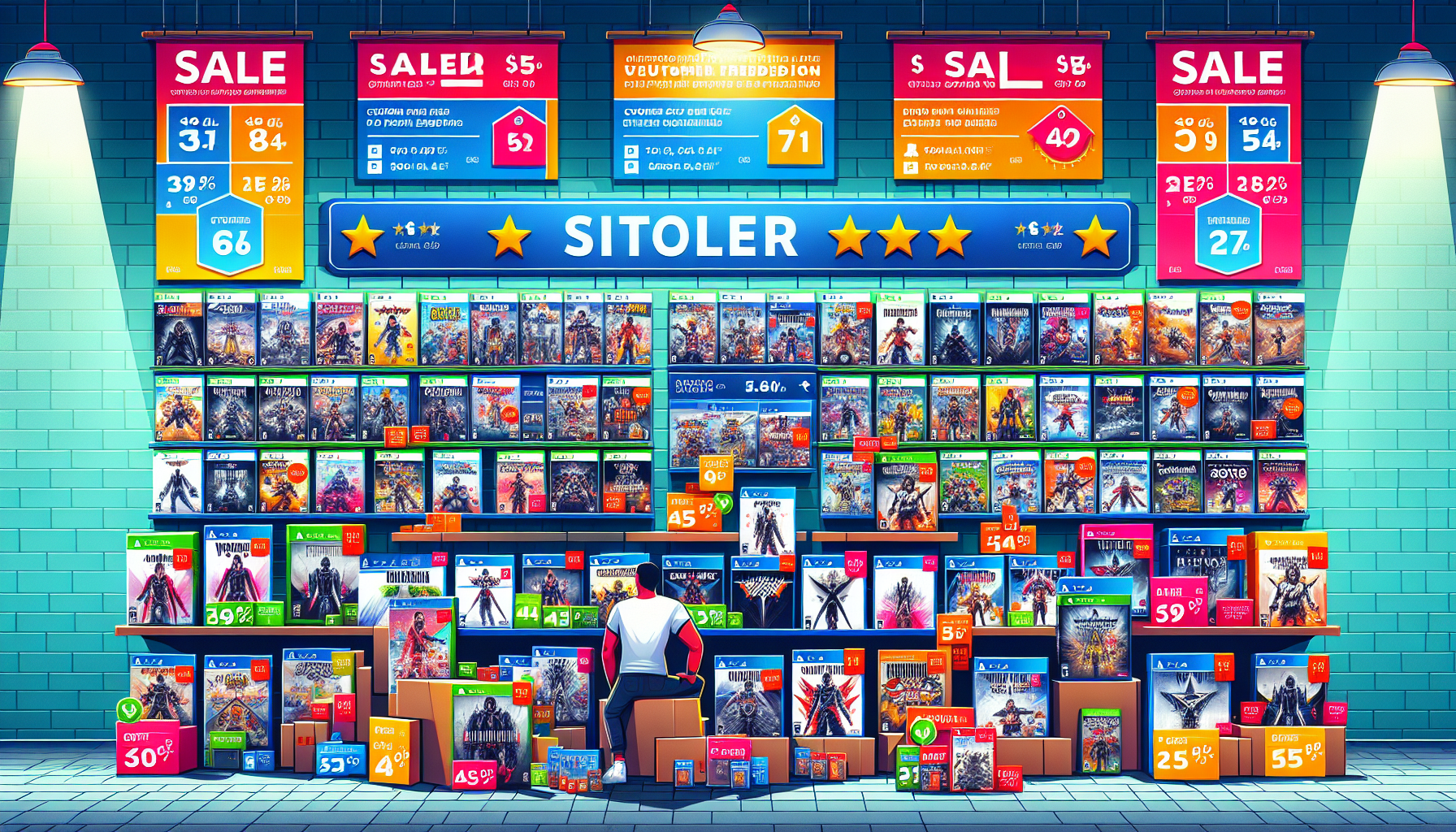 An image showcasing a vibrant display of popular PlayStation 4 games at a GameStop store, with colorful sale tags and discount banners prominently featured. The image includes best-selling titles from various genres, such as action-adventure, role-playing, sports, and exclusive GameStop editions with bonus content. The background features customer reviews or ratings, emphasizing the value and enjoyment of these discounted games.