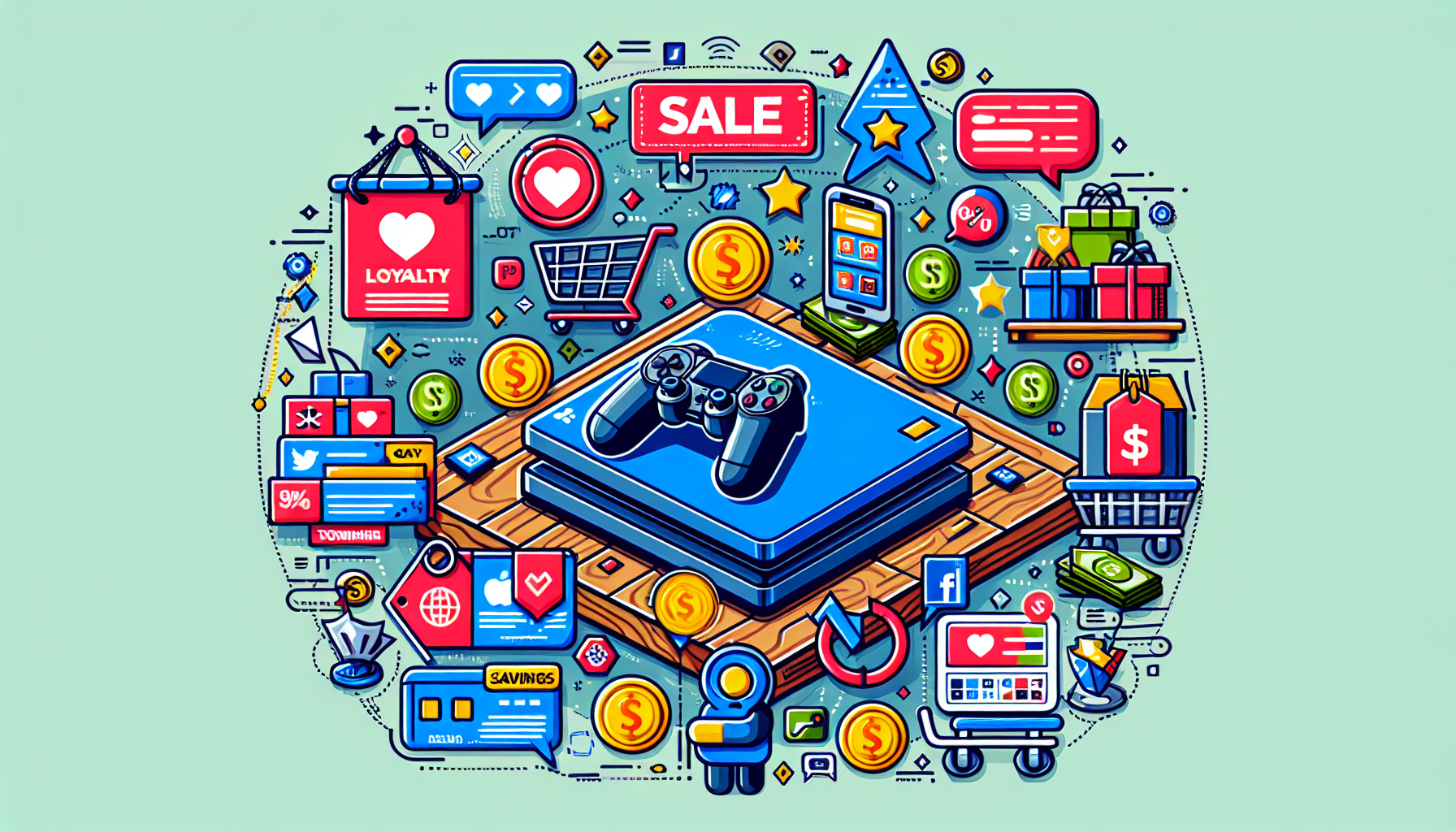 An animated image featuring a PlayStation 4 console surrounded by discounted game boxes, shopping carts, and dollar signs, all at GameStop. Include visual tips like loyalty cards, holiday sale banners, and social media notifications to showcase maximizing savings and using the PowerUp Rewards program. Add text bubbles offering tips and strategies, emphasizing savings and extra benefits.