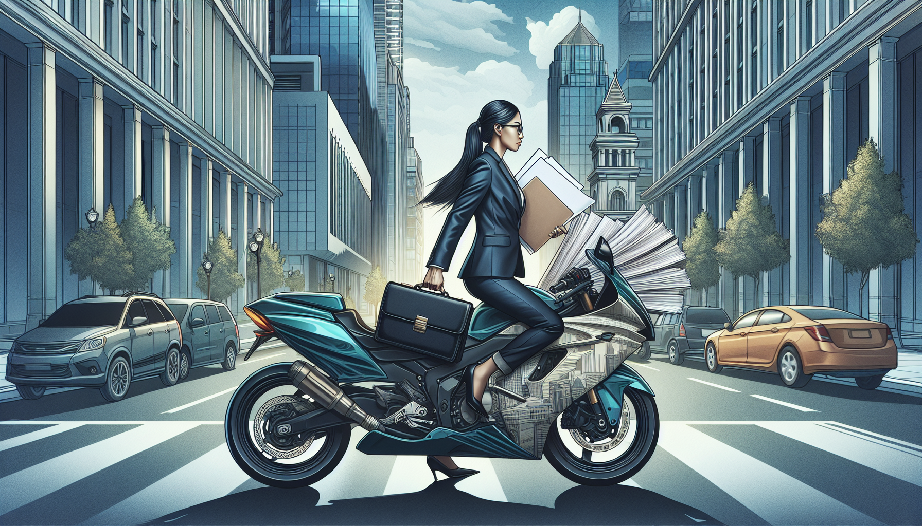 Create an image of a lawyer in full professional attire, including a suit and carrying a briefcase, riding a sleek, modern motorcycle through the busy city streets. The background should depict urban court buildings and parked cars, highlighting the ease of motorcycle parking compared to cars. The lawyer should appear confident and professional, with documents securely fastened, emphasizing the blend of efficiency and a distinctive, memorable image that appeals to both clients and colleagues.