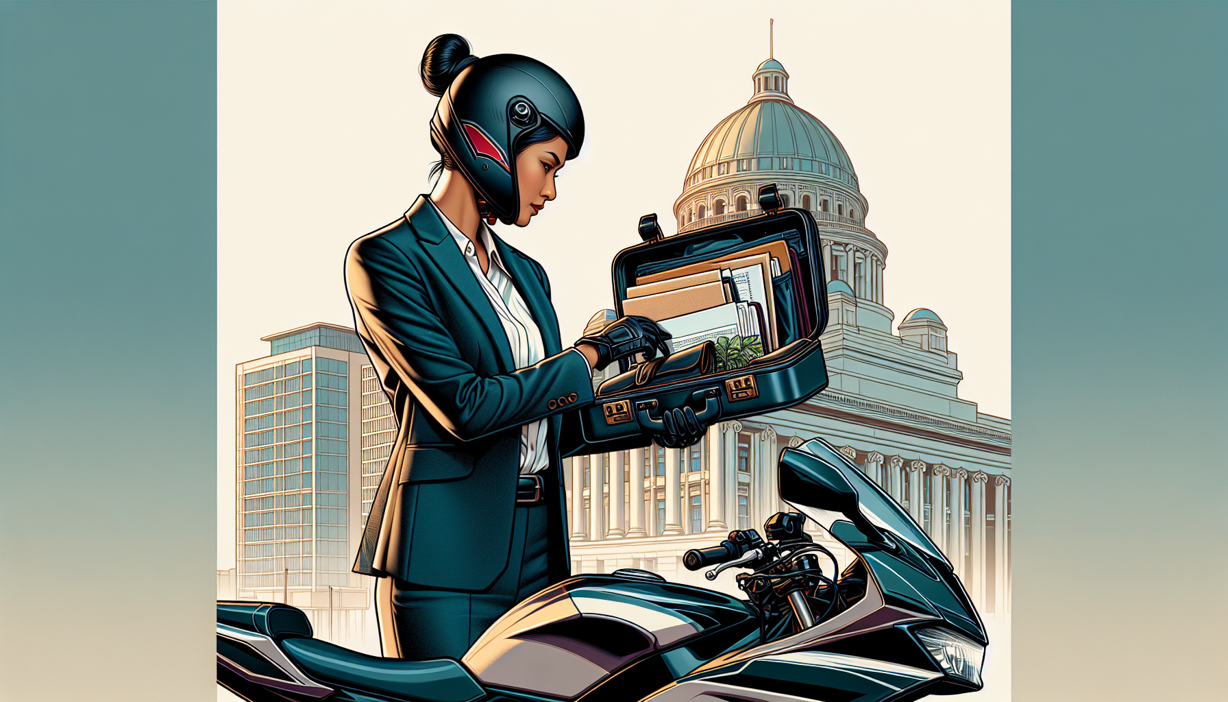 An image depicting a lawyer in professional attire, meticulously strapping a briefcase containing legal documents to a sleek, modern motorcycle before riding off to court. The scene focuses on the safety elements involved, including the reflective detailing on the lawyer