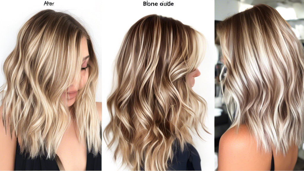 Create an image that showcases a step-by-step guide for achieving blonde brown foils. The illustration should include detailed, easy-to-follow visuals of the preparation process, application techniques, and the tools required. Additionally, highlight tips for both at-home and professional applications. Ensure the image conveys the vibrant, healthy look of properly maintained highlights. The artistic style should be clean, modern, and instructional, incorporating labels and arrows to guide the viewer through each step.