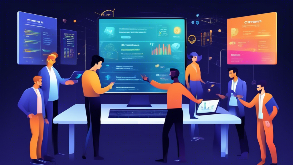Create an image that illustrates the decision-making process for choosing the best crypto trading platform. The scene should depict a diverse group of investors (newcomers and experienced traders) gathered around a large interactive screen displaying different crypto trading platforms. Visual elements should include a checklist of factors (like security, user experience, and fees), infographics comparing centralized and decentralized platforms, and symbols representing various trading styles (day trading, investing, etc.). The overall atmosphere should convey collaboration, analysis, and excitement in the crypto trading landscape.
