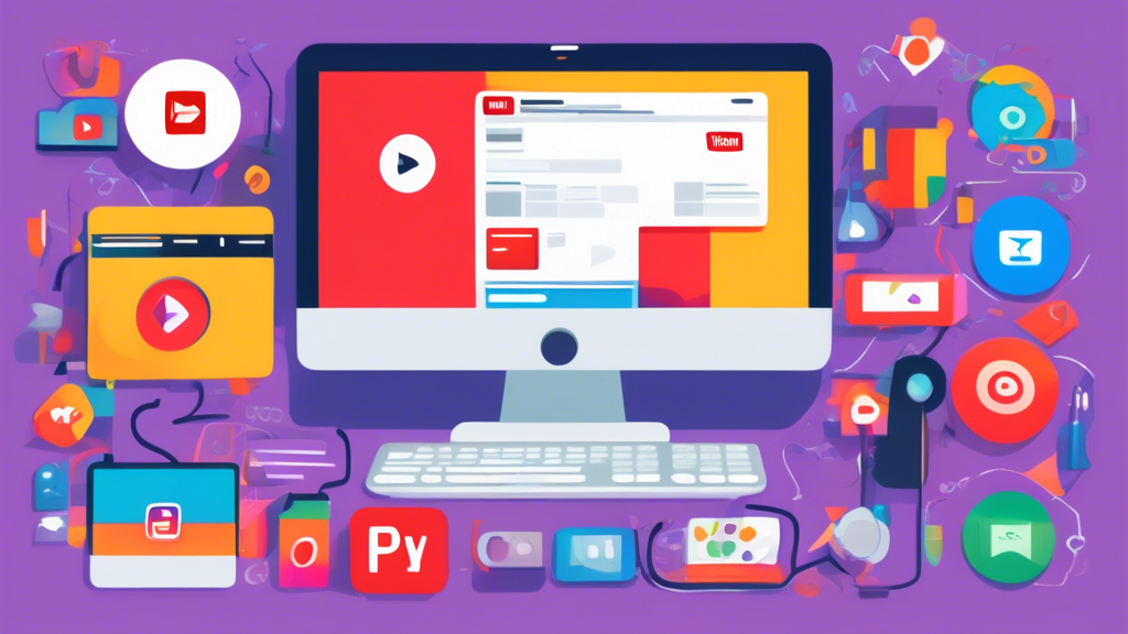 Create an image illustrating various methods to access YouTube on unblocked websites. Include visuals of a laptop screen displaying YouTube, a VPN service being activated on a phone, a web browser showing a proxy site, and a browser extension icon being clicked. Make sure the background is a simple workspace setting, emphasizing the context of schools or workplaces.