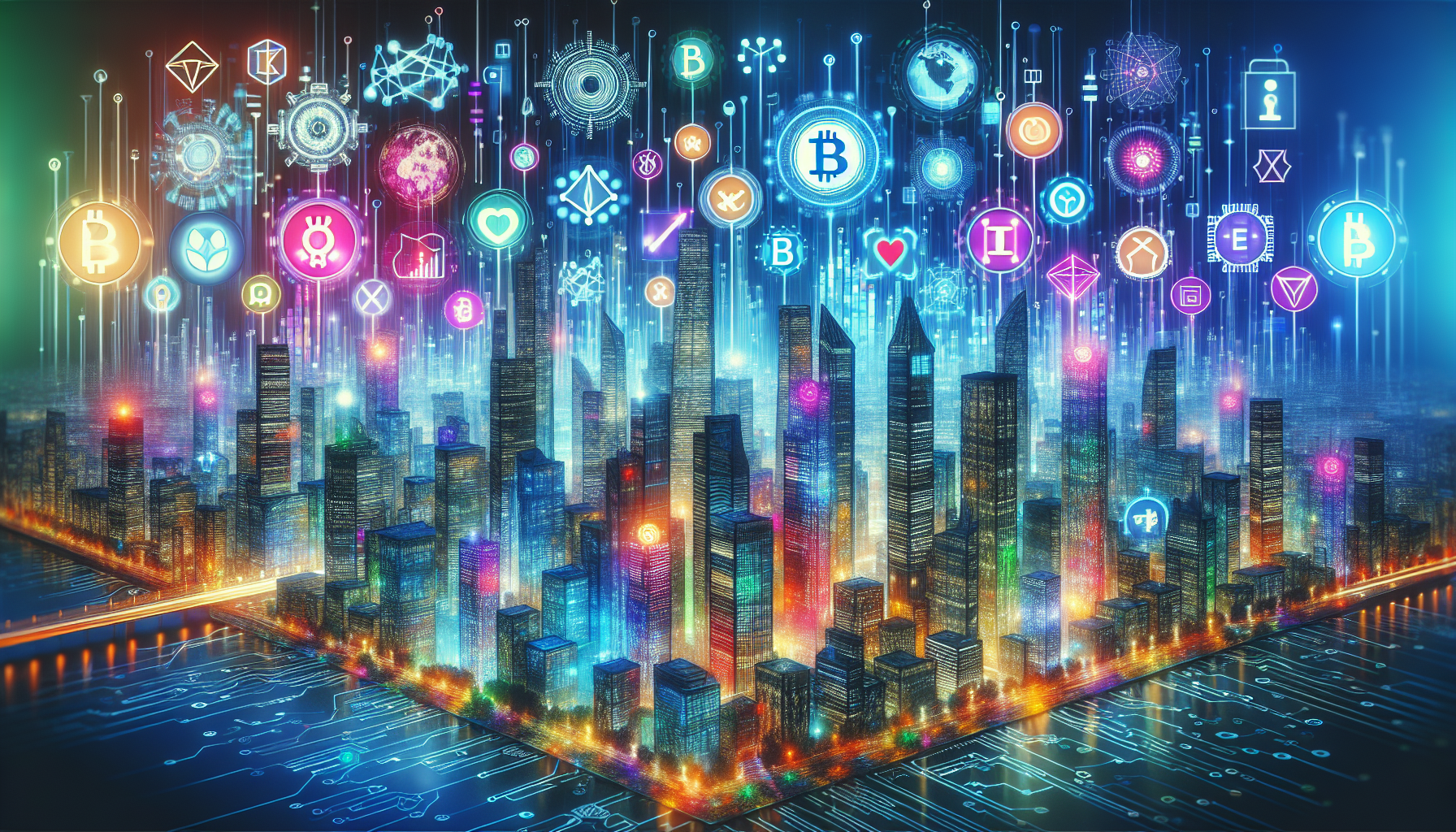 Create an image showing a futuristic skyline with holographic graphs and icons representing various cryptocurrency technologies and trends. Include elements like smart contracts, decentralized finance (DeFi) symbols, NFTs, and market graphs projecting out of the buildings. The overall scene should look advanced and visionary, reflecting the future impact of all cryptocurrency on global finance and commerce. Keywords: all cryptocurrency, future trends, smart contracts, DeFi, NFTs, market adoption, global impact.