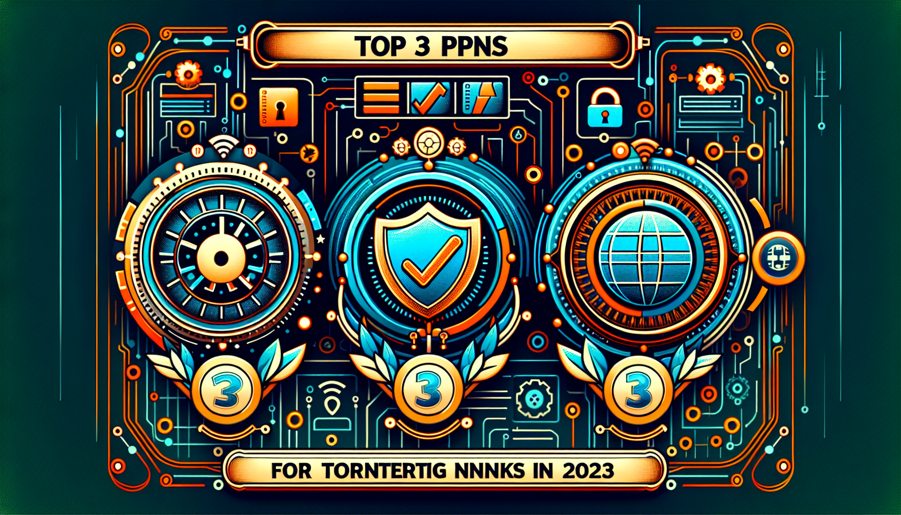 Create an image showcasing the top three VPNs for torrenting in 2023. Arrange the three VPN names prominently, each with a visually distinct icon or logo. Include graphical elements like speedometer icons to represent high-speed downloads, shields with checkmarks for security, and P2P icons to indicate compatibility. The background should be a digital landscape, perhaps incorporating servers or torrents to visually reference the subject. Use a modern, clean design with a tech-savvy aesthetic to attract the target audience interested in VPNs for torrenting. Text overlay highlighting Top 3 VPNs for Torrenting in 2023 should be included.