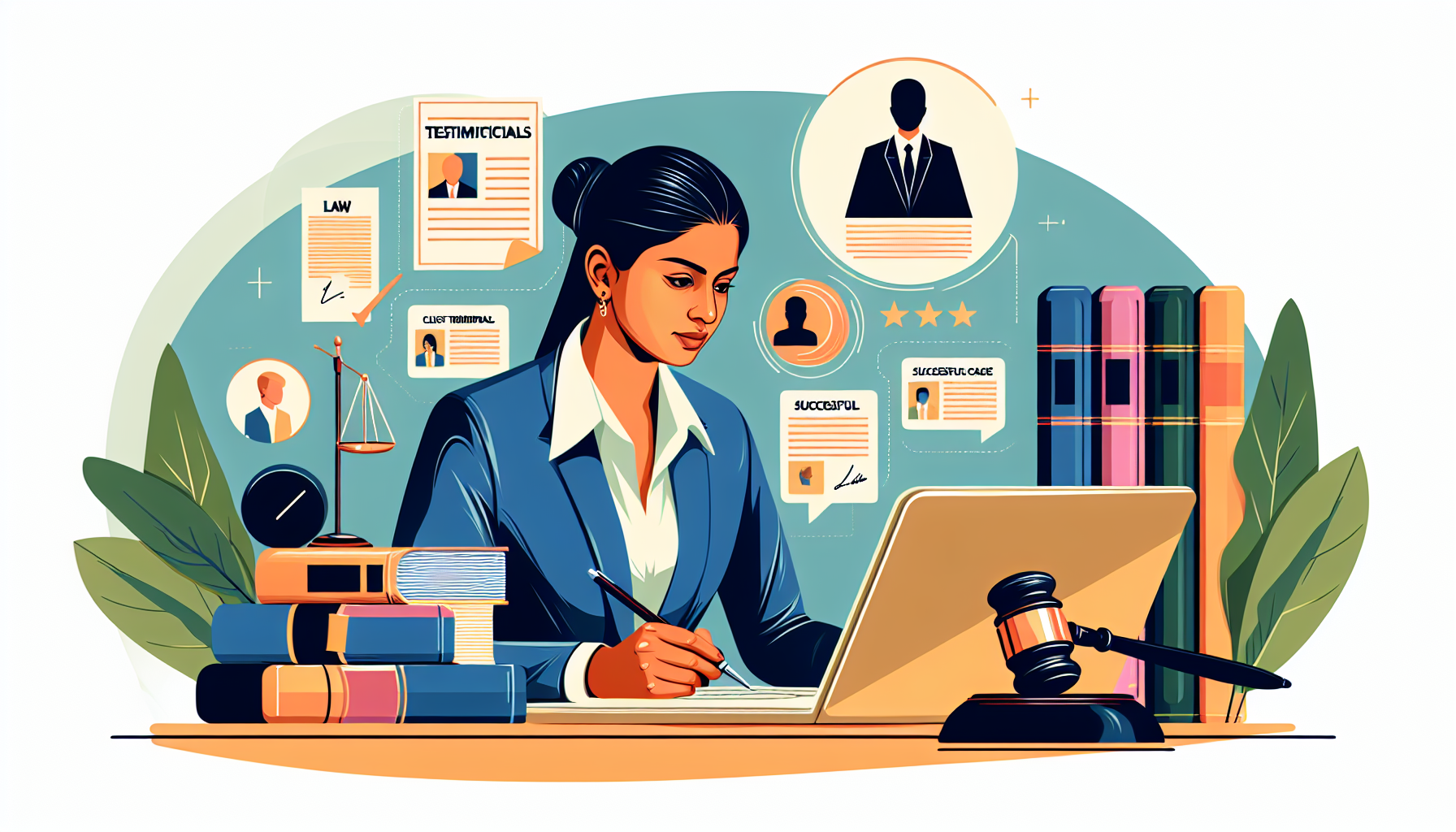 An analytical lawyer examining client testimonials and successful case documents while checking a local legal directory on a laptop, with a gavel and law books on the desk, symbolizing the careful consideration of a law firm