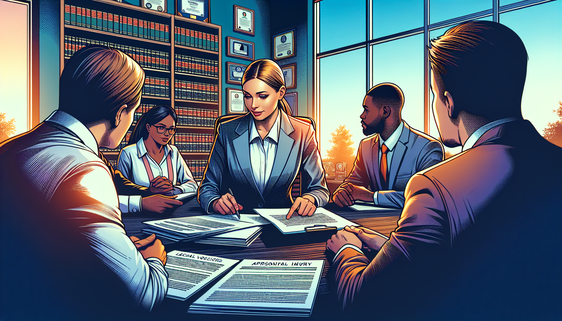 DALL-E prompt: Illustrate a crucial consultation scene in a professional and welcoming lawyer