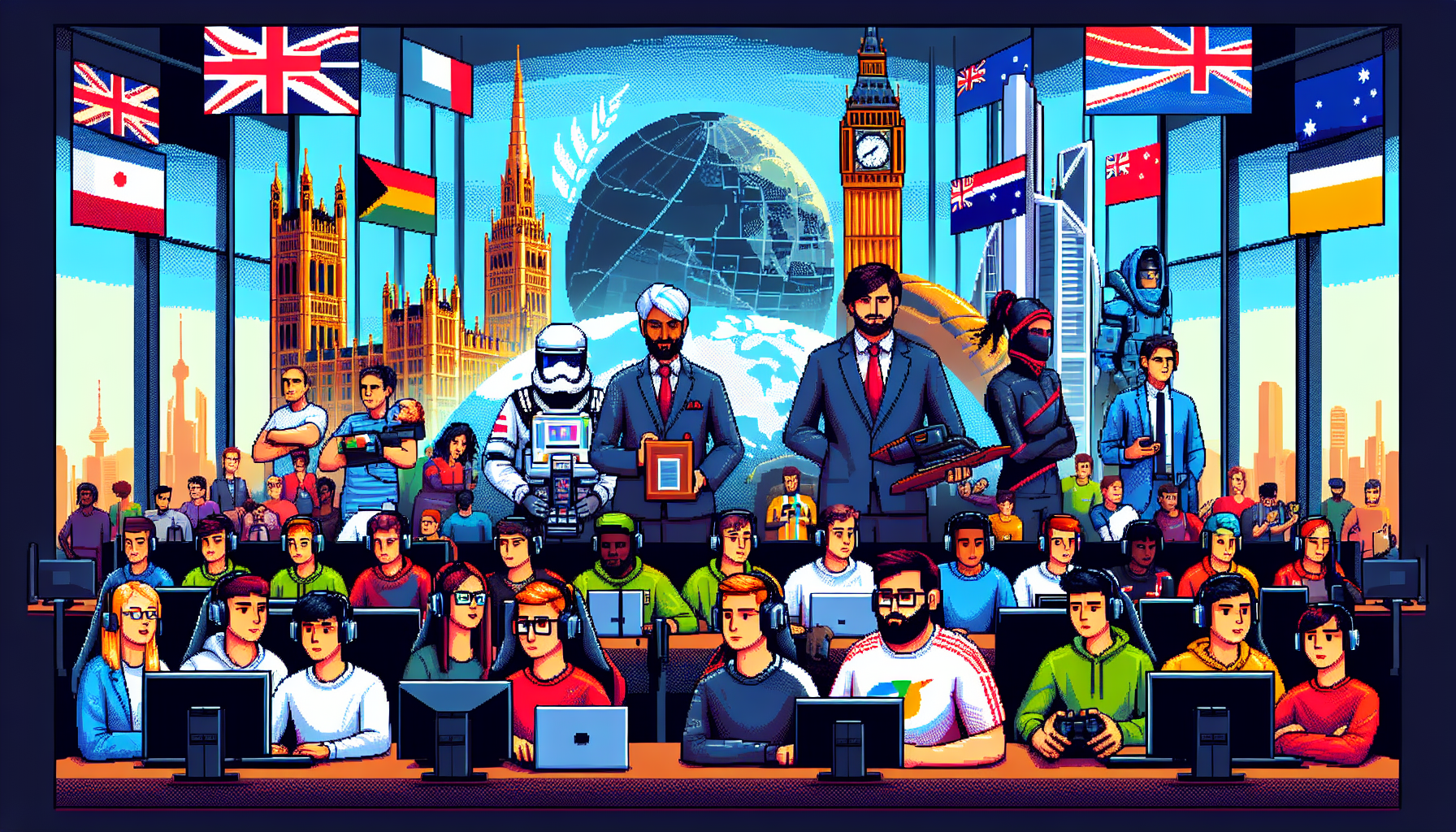 Create an image that shows a diverse group of esports players from different Commonwealth countries competing in a global tournament. The setting should include iconic global landmarks to highlight the international aspect, like Big Ben, the Sydney Opera House, and the CN Tower in the background, symbolizing the globalization of esports within the Commonwealth. Include elements of education and professional development, such as a classroom where students are learning about esports, and a futuristic office where professionals are analyzing game strategies. Make sure the scene captures the vibrant culture and acceptance of esports as mainstream entertainment. Keywords to highlight: commonwealth esports, global gaming culture, esports integration.