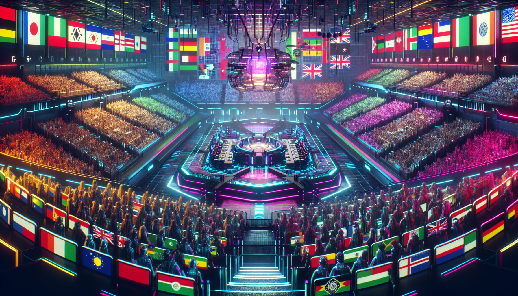 Create an image that visualizes the future of Commonwealth Esports, illustrating a high-tech esports arena packed with an enthusiastic international audience. The scene should include advanced gaming technology like augmented reality (AR) and virtual reality (VR) devices, and players using state-of-the-art gaming equipment. Highlighting the global aspect, incorporate digital flags of Commonwealth countries and futuristic design elements to show the forward-thinking trends and immense growth potential in the esports industry.
