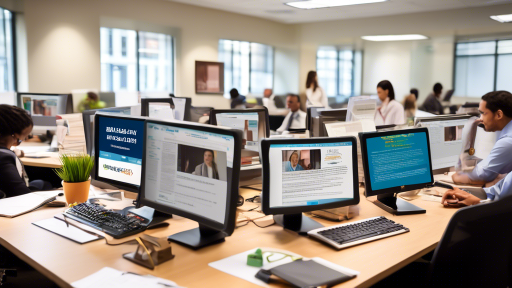 A diverse group of people diligently working in an office equipped with computers and stacks of legal textbooks, symbolizing various trusted resources like online directories, legal associations, and referral services. A computer screen in the foreground shows a search query for 
