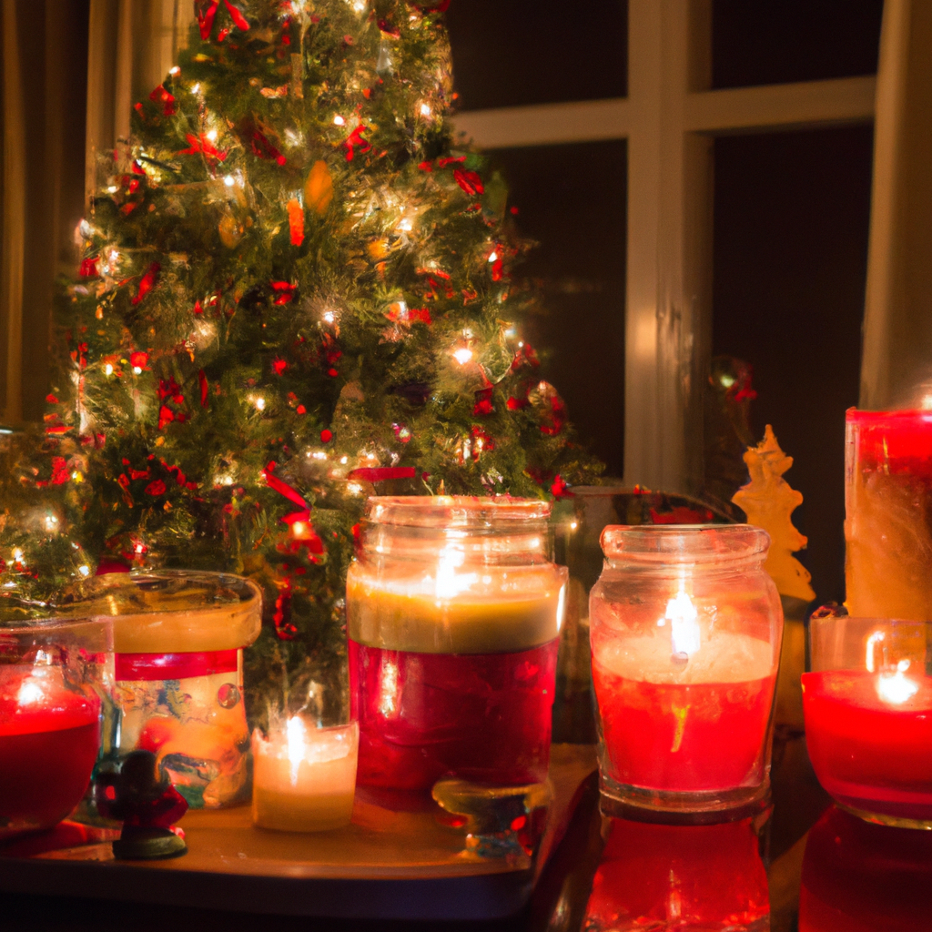 A cozy living room scene during the holiday season featuring DIY Christmas candles. The candles are creatively decorated in festive themes, placed on a beautifully adorned mantelpiece alongside garlands, ornaments, and holiday figurines. The room is softly lit by the candle glow, with a decorated Christmas tree in the background, enhancing the candles