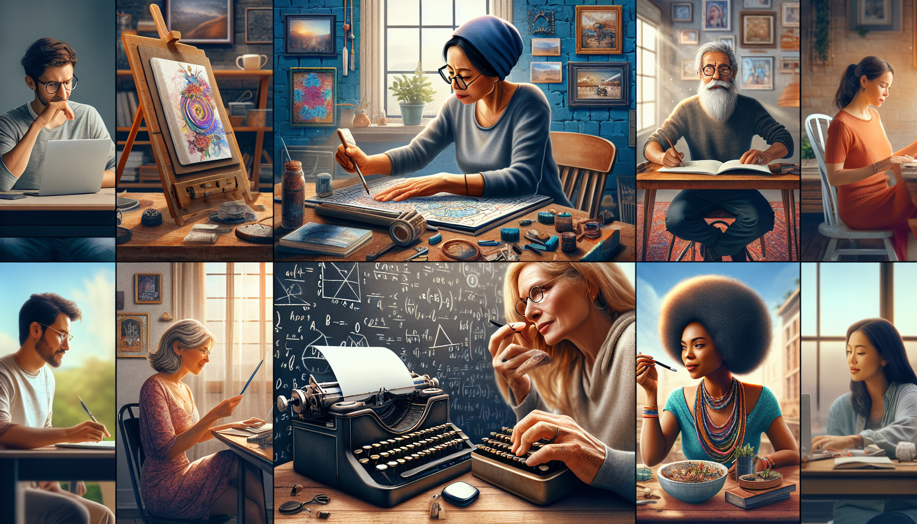 An artistic collage of various remote side gigs, featuring a digital artist painting on a tablet, a freelance writer typing on a vintage typewriter, an online tutor with a virtual classroom, and a craftsman selling handmade jewelry on an e-commerce platform, all set in cozy, personalized home office spaces.