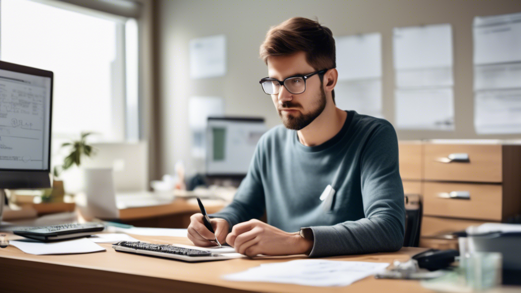 Create an image that depicts a person sitting at a computer, researching local septic pump replacement services. The scene should include elements such as a search engine on the screen with keywords like 