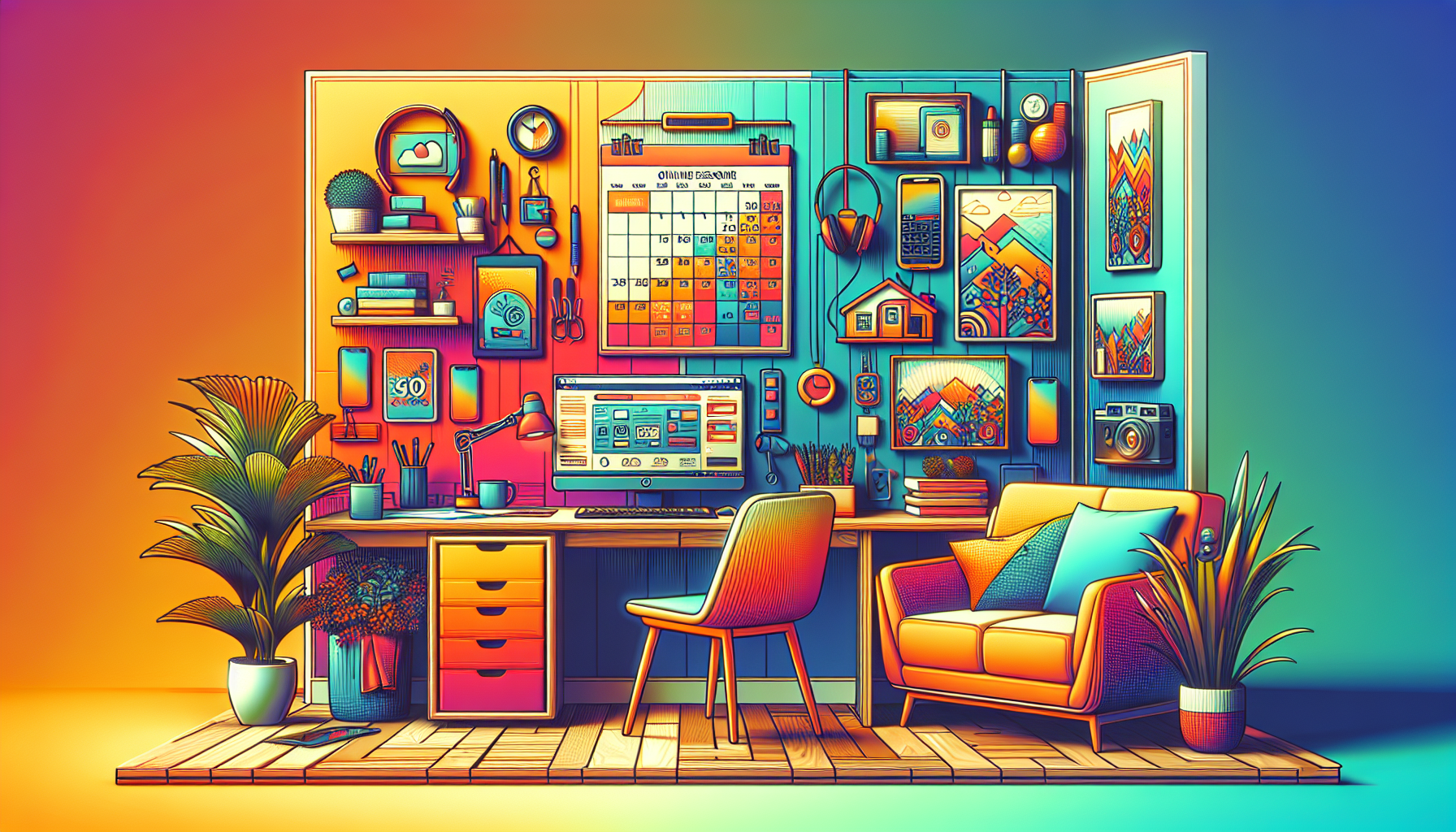 Create an image featuring a cozy home office with a laptop on a desk displaying a survey-taking webpage. Surrounding the laptop are various digital tools and gadgets, such as a smartphone, tablet, and headset, signifying a virtual assistant role. A calendar on the wall shows a flexible week, highlighting the concept of managing one